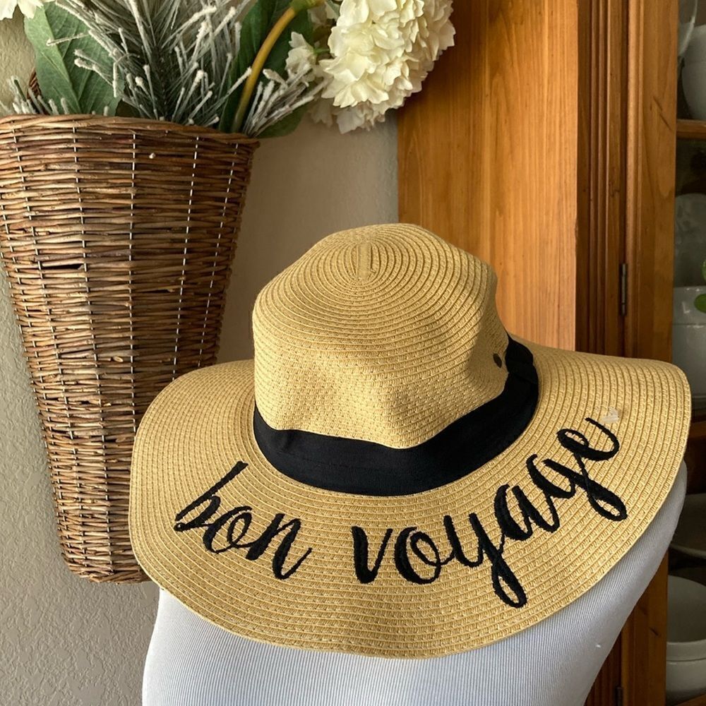 New C. C Floppy Paper Straw Wide Brim Hat Embroidered Bon Voyage OS Hat